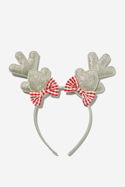 Kids Novelty Headband, SILVERY/RED GINGHAM BOW REINDEER