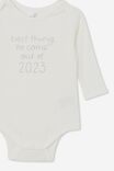 Organic Newborn Long Sleeve Bubbysuit, MILK/BEST THING TO COME OUT OF 2023 - alternate image 2