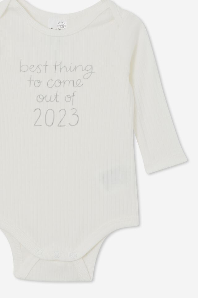 Organic Newborn Long Sleeve Bubbysuit, MILK/BEST THING TO COME OUT OF 2023