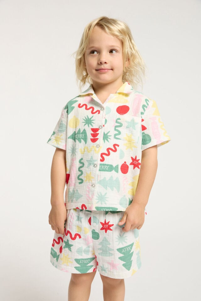 Riley Kids Unisex Short Sleeve Pyjama Set, VANILLA/GEO CHRISTMAS