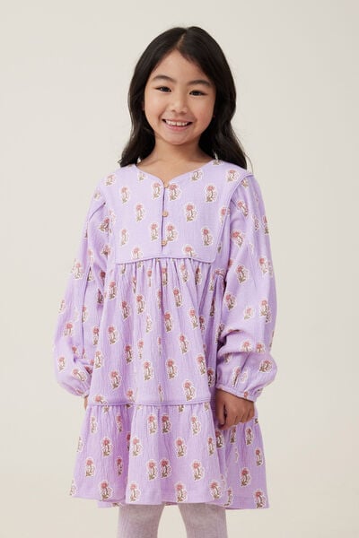 Corra Long Sleeve Dress, LILAC DROP/FLORA FLOWER STAMP