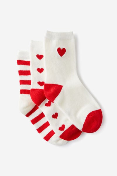 Kids 3Pk Crew Socks, VANILLA/VARISTY RED HEART/STRIPE