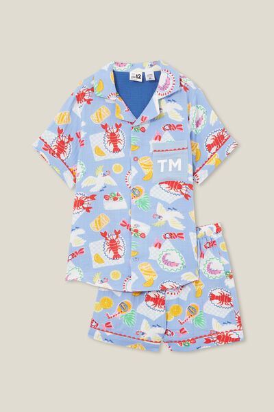 Rylee Kids Cc Short Sleeve Pyjama Set Personalised, DUSK BLUE/CHRISSY TABLE