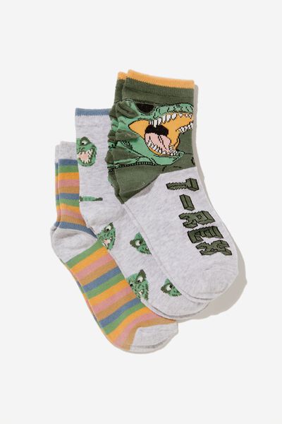 Kids 3Pk Crew Socks, SWAG GREEN/SNOW MARLE/DINO