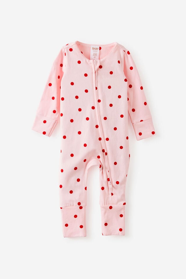 Growie Long Sleeve Zip All In One Romper, TEA PARTY PINK/POLKA DOT