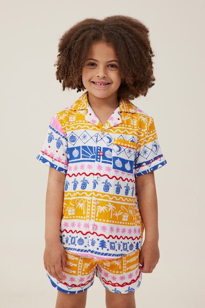 Riley Kids Unisex Short Sleeve Pyjama Set, VANILLA/TROPICAL FAIRISLE