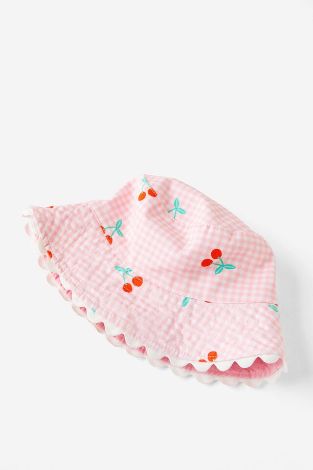 Kids Reversible Bucket Hat, BLUSH PINK GINGHAM/CHERRIES