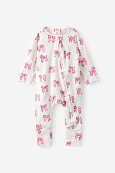 Growie Long Sleeve Zip All In One Romper, VANILLA/PRETTY BOWS