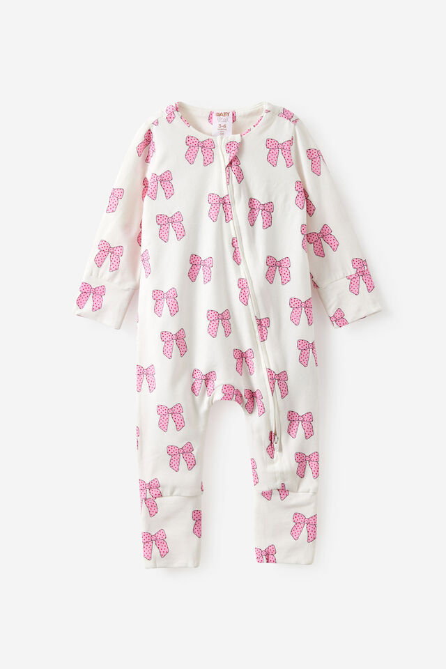 Growie Long Sleeve Zip All In One Romper, VANILLA/PRETTY BOWS