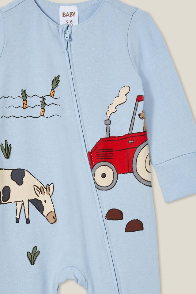 Macacão - The Long Sleeve Zip Footless Romper, FROSTY BLUE/DOG TRACTOR DRIVER