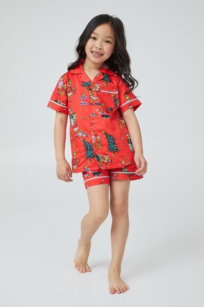 Riley Kids Unisex Short Sleeve Pyjama Set Licensed, LCN DRS FLAME RED/THE GRINCH MERRY MERRY