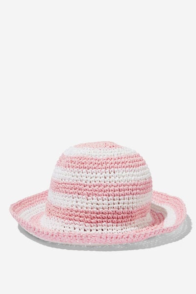 Kids Crochet Bucket Hat, BLUSH PINK/WHITE STRIPE