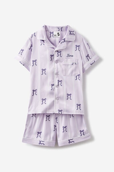 Casey Short Sleeve Pyjama Set Personalised, VINTAGE LILAC/STRIPE BOWS