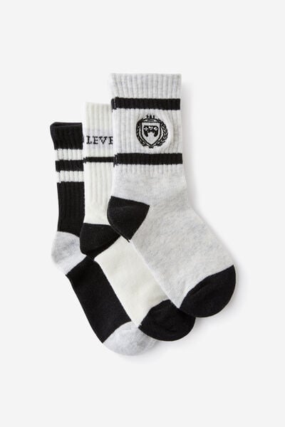 Kids 3Pk Crew Socks, CLOUD MARLE NEXT LEVEL/VANILLA/PHANTOM STRIPE