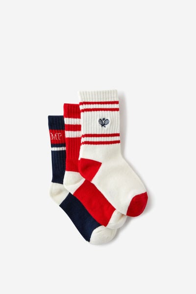 Kids 3Pk Crew Socks, VANILLA TENNIS/ IN THE NAVY CHAMP/VARSITY RED