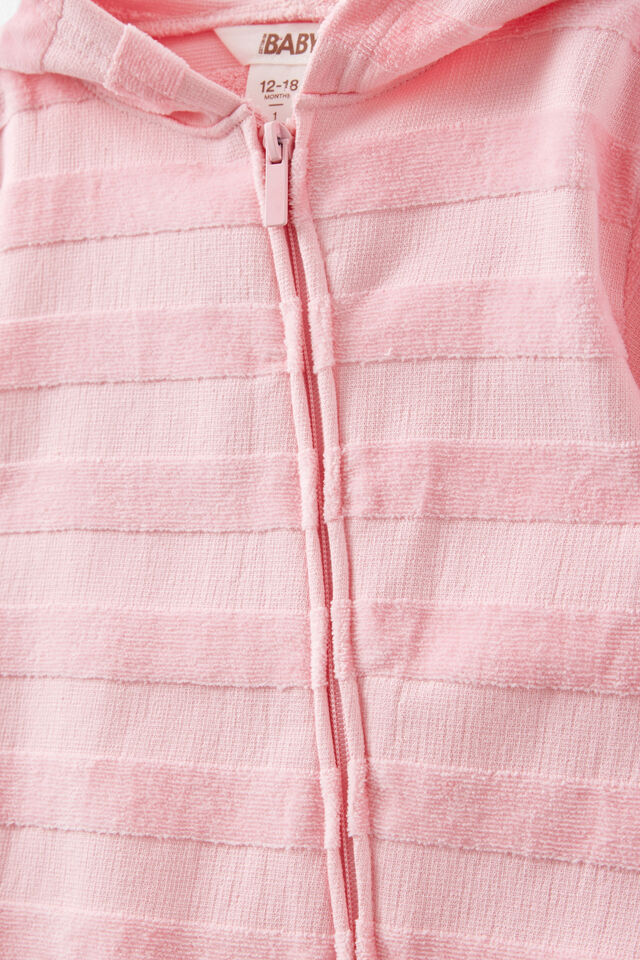 Baby Hooded Towel Romper, BLUSH PINK/JACQUARD STRIPES