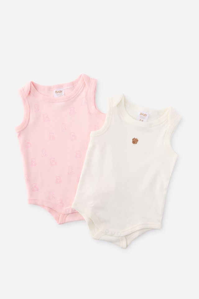 Organic 2Pk Singlet Bubbysuit, POP PINK/BEARS
