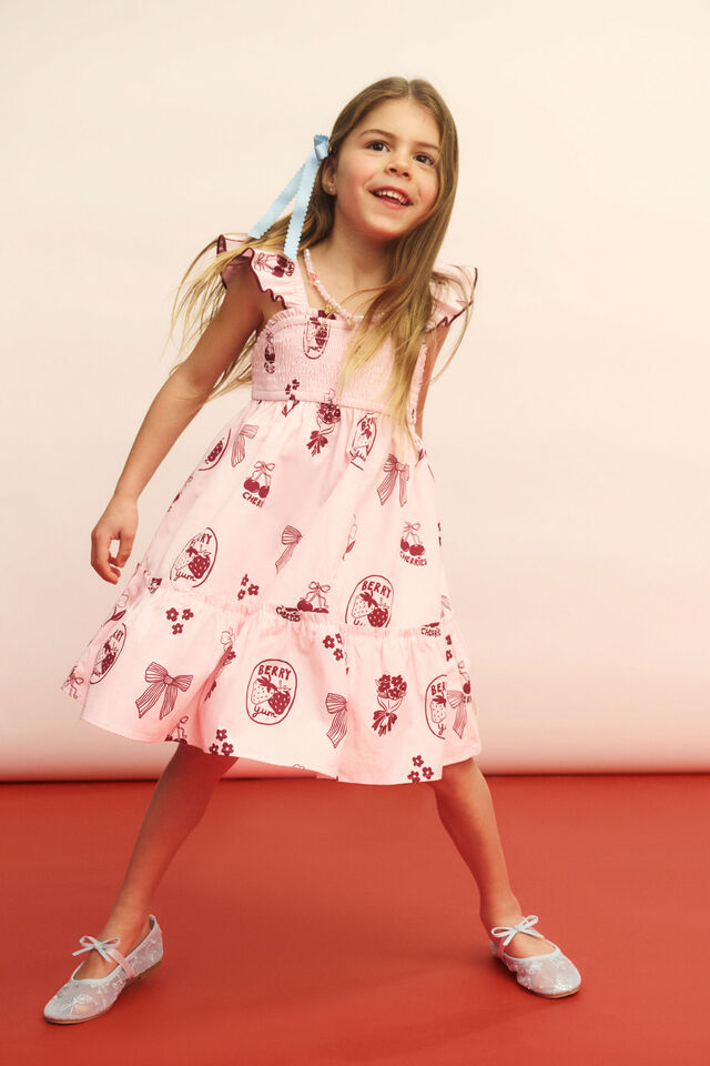 Gigi Flutter Sleeve Dress, BALLET PINK/BERRY JAM MOTIF