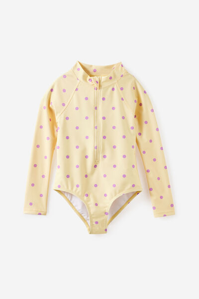 Long Sleeve One Piece Swimsuit, BABY YELLOW/VINTAGE LILAC POLKADOT