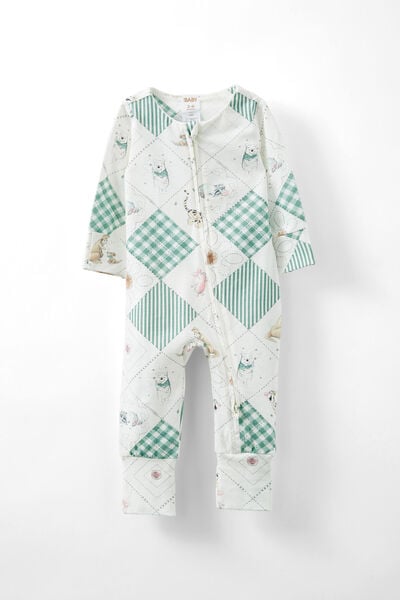 The Billie Long Sleeve Zip Romper License, LCN DIS VANILLA/GREEN WINNIE THE POOH QUILT