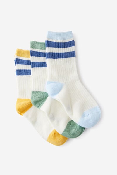 Kids 3Pk Crew Socks, DEEP SAGE STRIPE/CORN SILK STRIPE/FORSTY BLUE