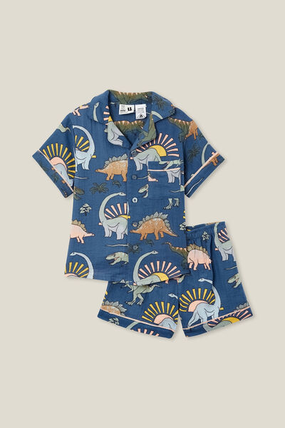 Archer Short Sleeve Pyjama Set, PETTY BLUE/SUNSET DINO