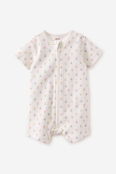 Macacão - The Short Sleeve Zip Romper, VANILLA/GARDEN FLORAL DITSY