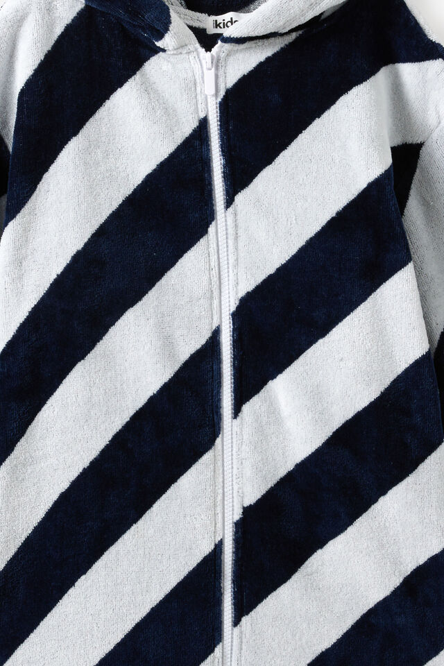 Kids Zip Thru Hooded Towel, SQUID INK/WHITE DIAGONAL STRIPE