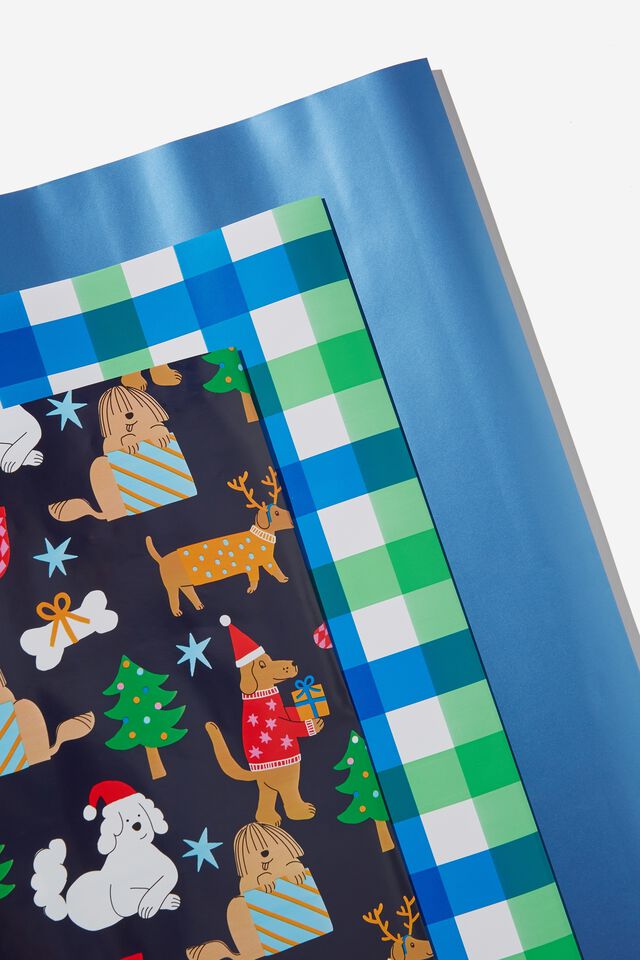 Kids Gift Wrap 3 Pack, XMAS DOGGIES/CHECK