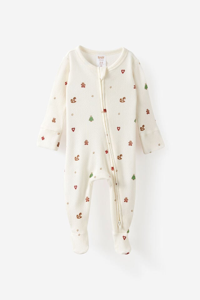 Littlie Organic Long Sleeve Zip Romper, MILK/CHRISTMAS ICONS