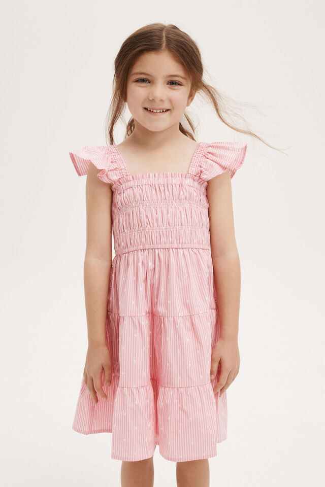 Kennedy Tiered Dress, CORAL FIZZ/BLUSH PINK STRIPE