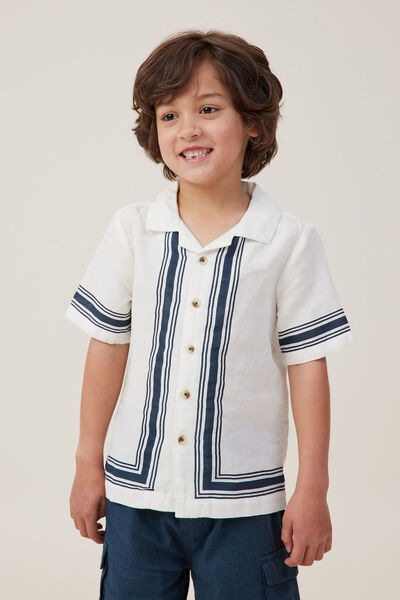 Collab Cabana Short Sleeve Shirt, LCN COL EGRET/MIDNIGHT NAVY BORDER STRIPE