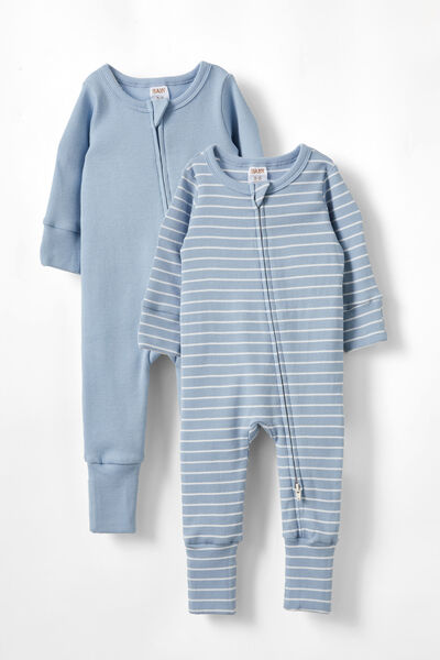 The Long Sleeve Rib Romper, DUSTY BLUE/VANILLA RILEY STRIPE & DUSTY BLUE