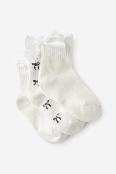 Kids 3Pk Mid Crew Socks, VANILLA/SATIN BOW/BOW YARDAGE