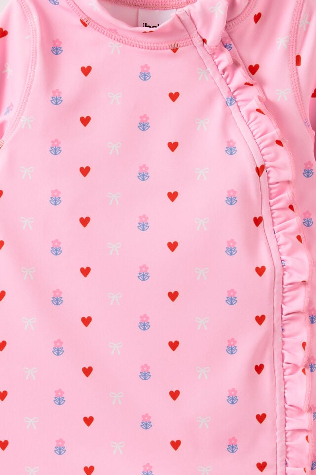 Baby Long Sleeve Ruffle All In One Swimsuit, STRAWBERRY MILK/LOVELY DITSY
