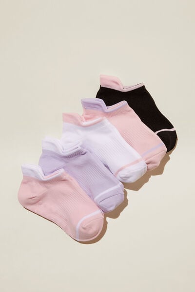Kids 5Pk Ankle Active Socks, WHITE/CRYSTAL PINK/LILAC DROP