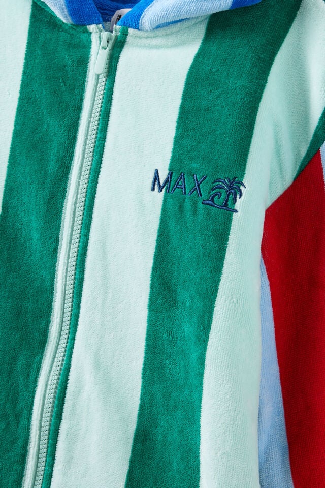 Kids Zip Thru Hooded Towel - Personalised, SEAGLASS/CONTRAST STRIPES