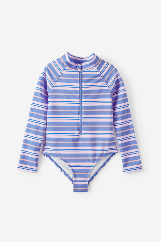 Long Sleeve One Piece Swimsuit, BLUE BONNET/STRIPES
