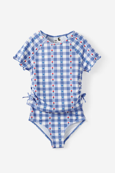 Florence S/S Rashie And Bikini Bottom Set, BLUE BONNET/FLORAL GINGHAM