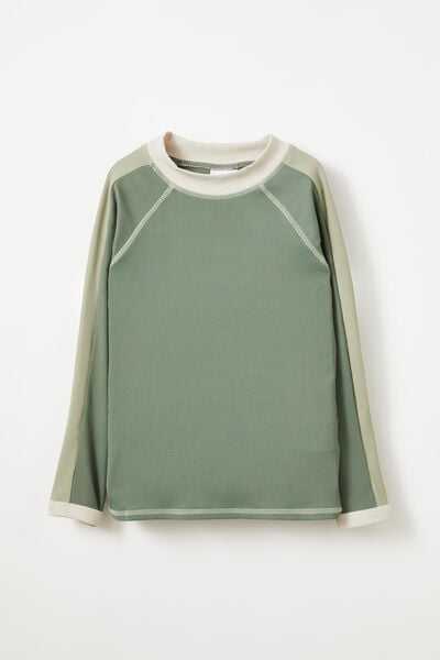 Flynn Long Sleeve Raglan Rash Vest, SWAG GREEN/RIB STRIPE PANEL