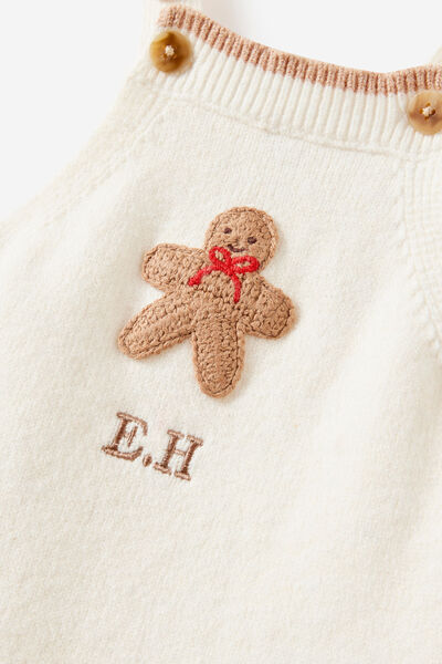 Personlisation Organic Blend Knit Bubbysuit, MILK/CROCHET GINGERBREAD MAN
