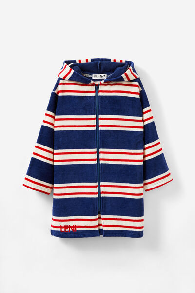 Kids Zip Thru Hooded Towel - Personalised, IN THE NAVY STRIPE/VARSITY RED