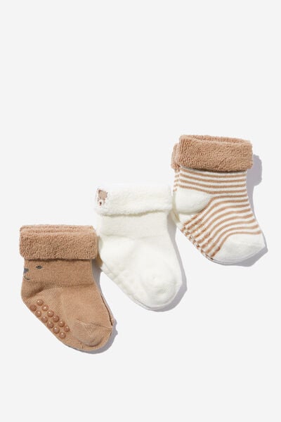 3Pk Terry Baby Socks, OAT MILK/BEAR