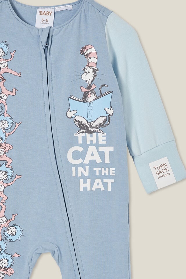 Dr Seuss The Long Sleeve Zip Romper, LCN DRS DUSTY BLUE/CAT IN THE HAT