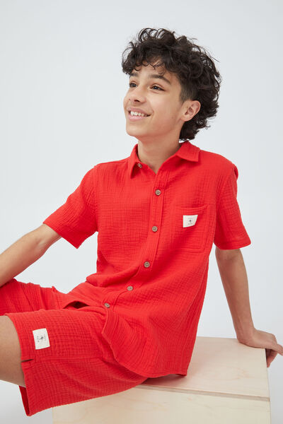 St Tropez Short Sleeve Shirt, FLAME RED / CHEESECLOTH