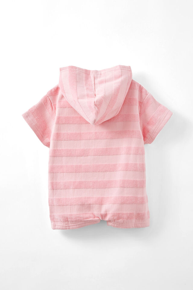 Baby Hooded Towel Romper, BLUSH PINK/JACQUARD STRIPES