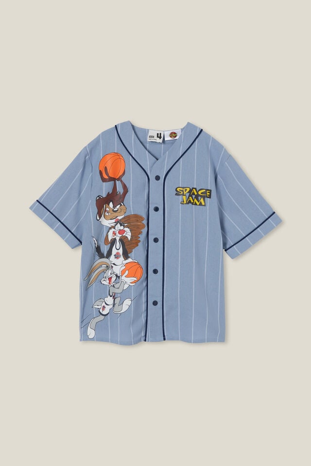 Space Jam License Baseball Short Sleeve Shirt, LCN WB DUSTY BLUE STRIPE/SPACE JAM