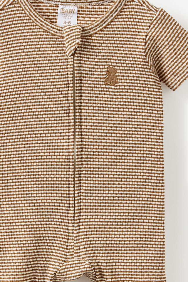 Littlie Organic Short Sleeve Zip Romper, CARAMEL FUDGE/MILK BEAR STRIPE