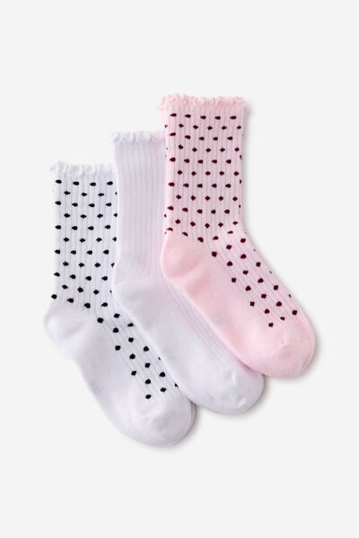 Kids 3Pk Crew Socks, TEA PARTY PINK/WHITE/SPOTS
