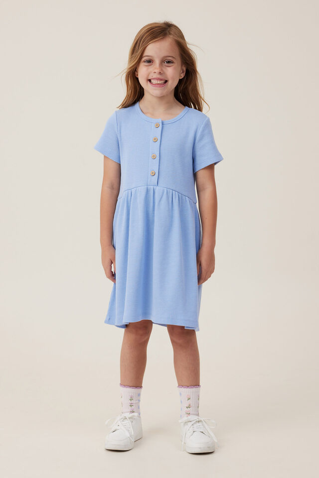Sally Button Front Short Sleeve Dress, DUSK BLUE WAFFLE